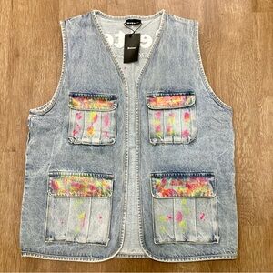 Men’s Light Wash Blue Jean Vest Neon Paint Splatter Open Front Pockets L